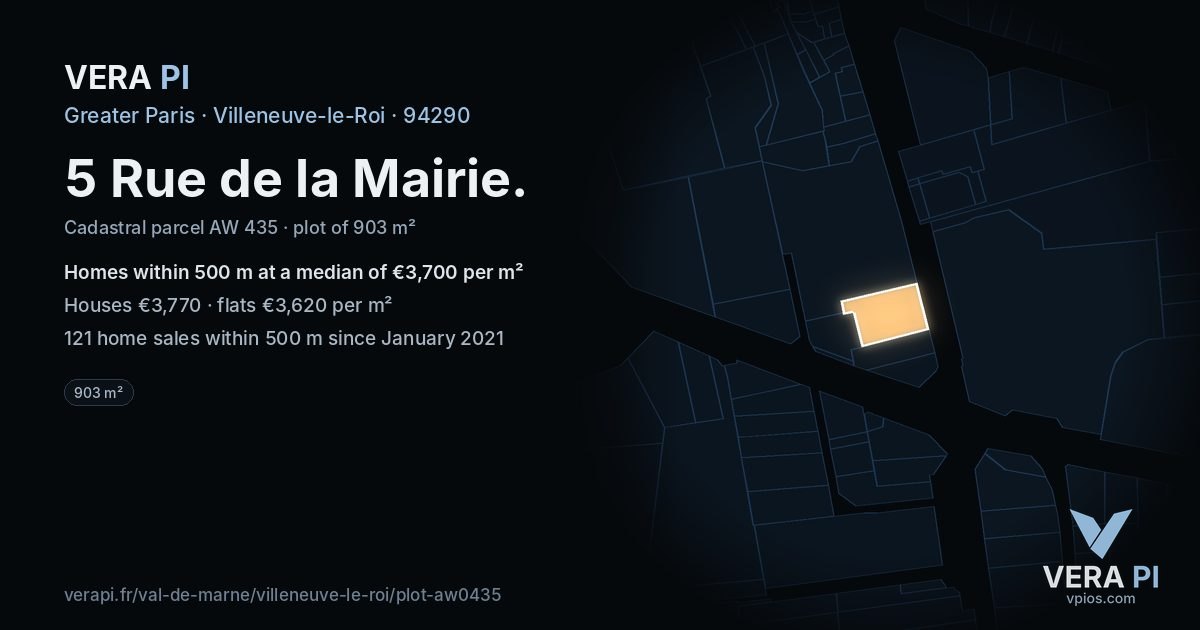 5 Rue de la Mairie, Villeneuve-le-Roi at night – the plot lit, the parcels around coloured by the prices near them