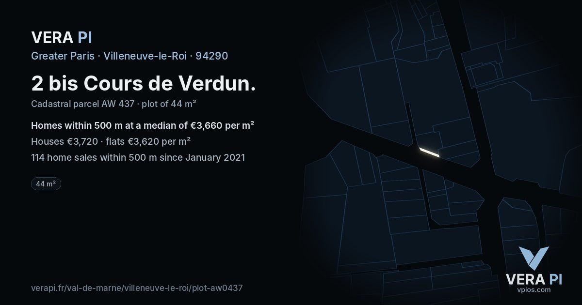 2 bis Cours de Verdun, Villeneuve-le-Roi at night – the plot lit, the parcels around coloured by the prices near them