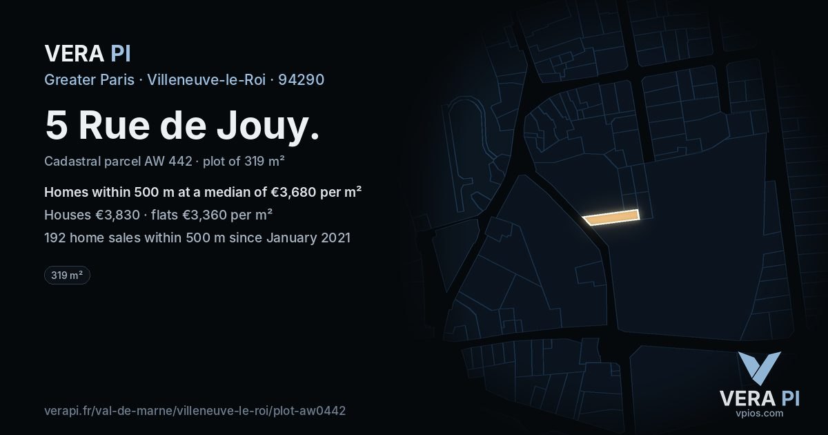 5 Rue de Jouy, Villeneuve-le-Roi at night – the plot lit, the parcels around coloured by the prices near them