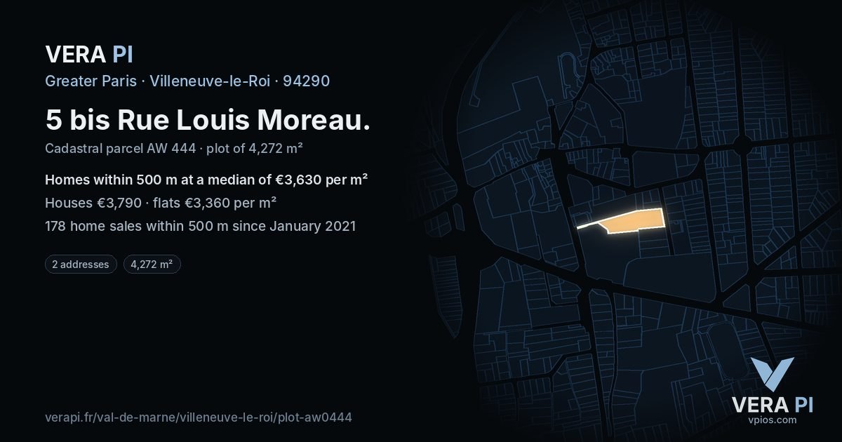 5 bis Rue Louis Moreau, Villeneuve-le-Roi at night – the plot lit, the parcels around coloured by the prices near them