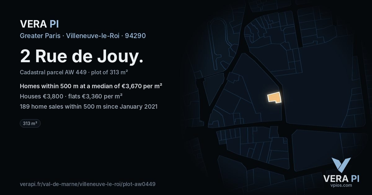 2 Rue de Jouy, Villeneuve-le-Roi at night – the plot lit, the parcels around coloured by the prices near them