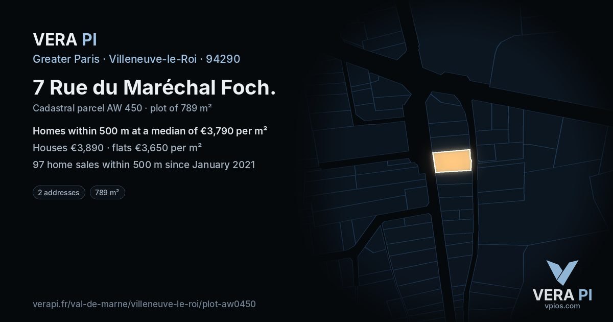 7 Rue du Maréchal Foch, Villeneuve-le-Roi at night – the plot lit, the parcels around coloured by the prices near them
