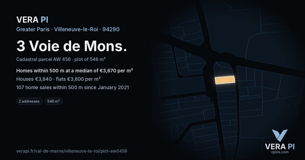 3 Voie de Mons, Villeneuve-le-Roi at night – the plot lit, the parcels around coloured by the prices near them