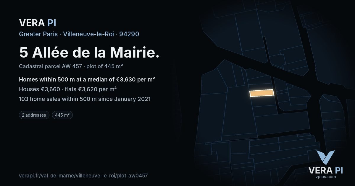 5 Allée de la Mairie, Villeneuve-le-Roi at night – the plot lit, the parcels around coloured by the prices near them