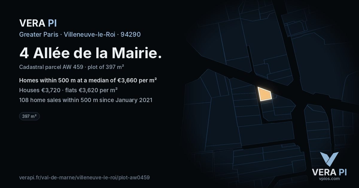 4 Allée de la Mairie, Villeneuve-le-Roi at night – the plot lit, the parcels around coloured by the prices near them
