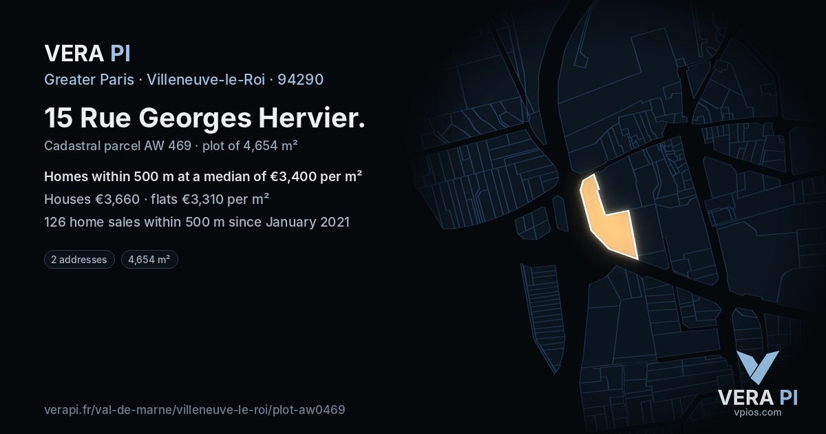 15 Rue Georges Hervier, Villeneuve-le-Roi at night – the plot lit, the parcels around coloured by the prices near them