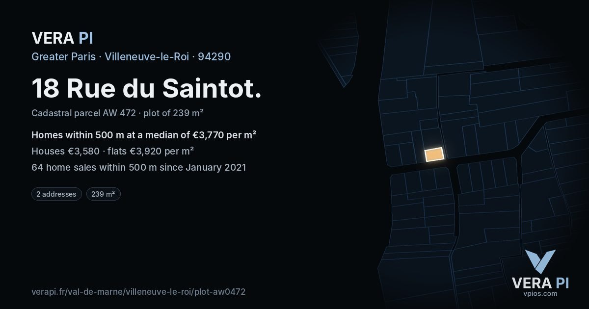 18 Rue du Saintot, Villeneuve-le-Roi at night – the plot lit, the parcels around coloured by the prices near them