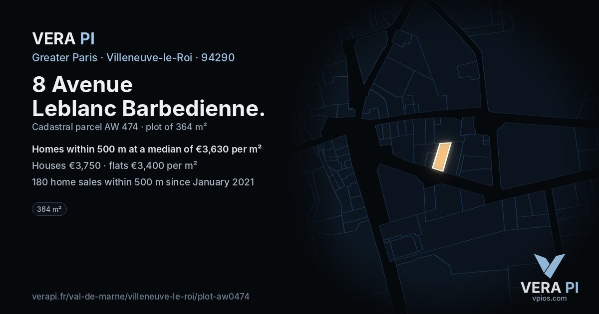 8 Avenue Leblanc Barbedienne, Villeneuve-le-Roi at night – the plot lit, the parcels around coloured by the prices near them