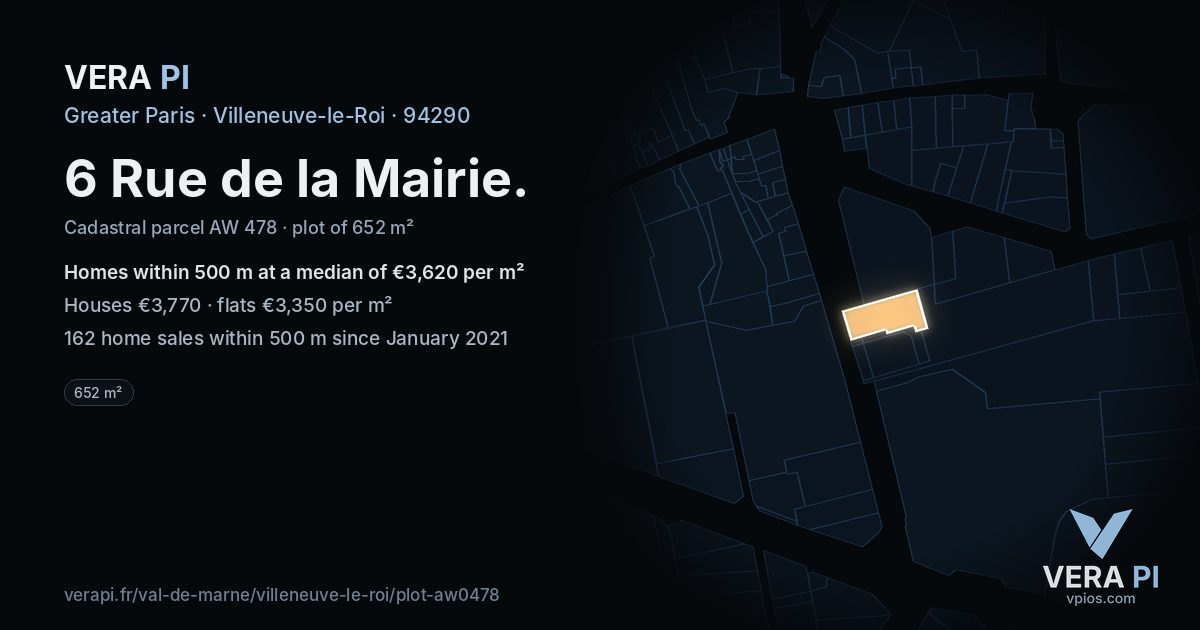 6 Rue de la Mairie, Villeneuve-le-Roi at night – the plot lit, the parcels around coloured by the prices near them