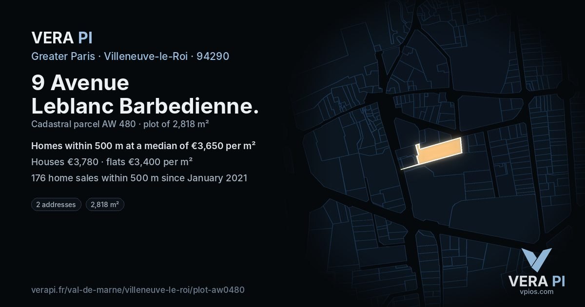 9 Avenue Leblanc Barbedienne, Villeneuve-le-Roi at night – the plot lit, the parcels around coloured by the prices near them