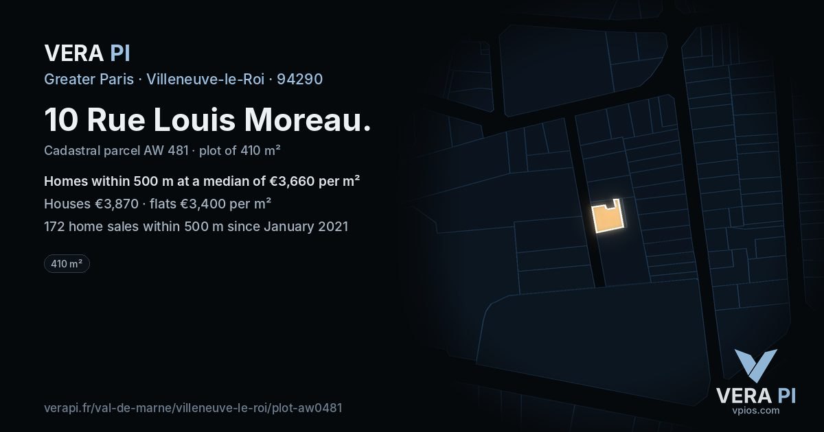 10 Rue Louis Moreau, Villeneuve-le-Roi at night – the plot lit, the parcels around coloured by the prices near them