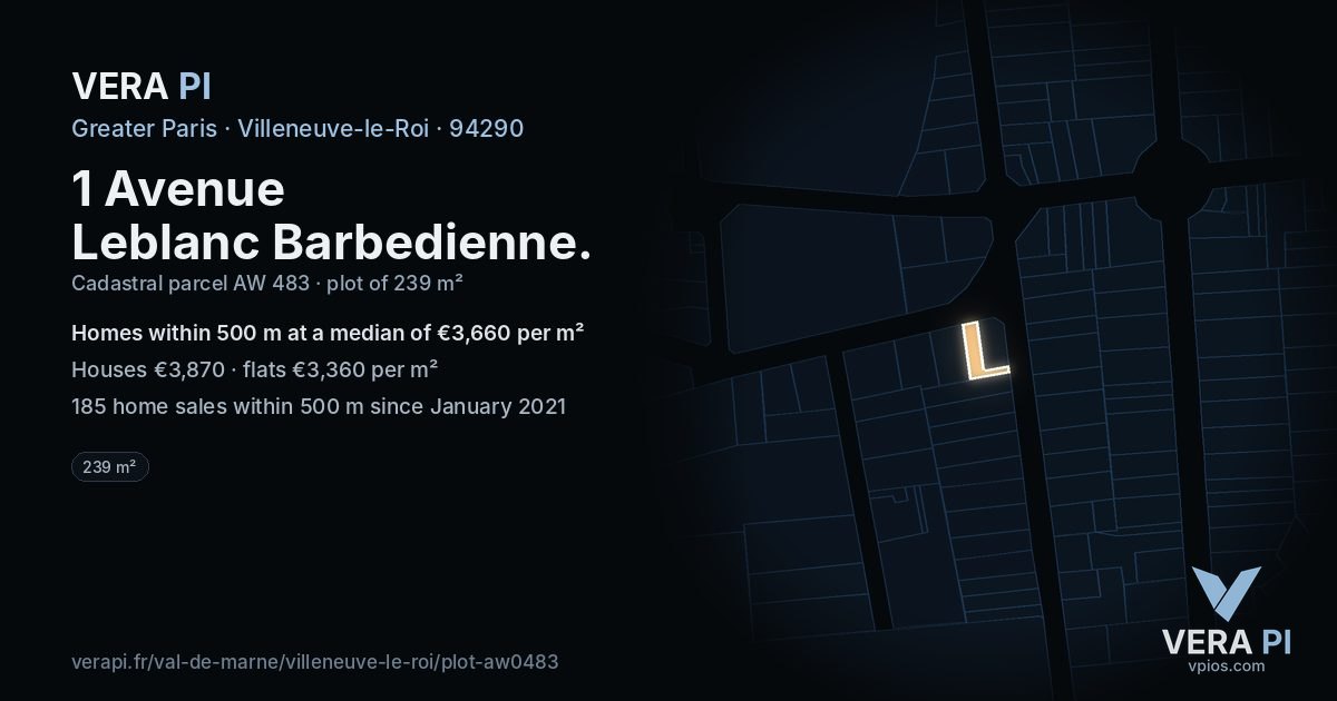 1 Avenue Leblanc Barbedienne, Villeneuve-le-Roi at night – the plot lit, the parcels around coloured by the prices near them