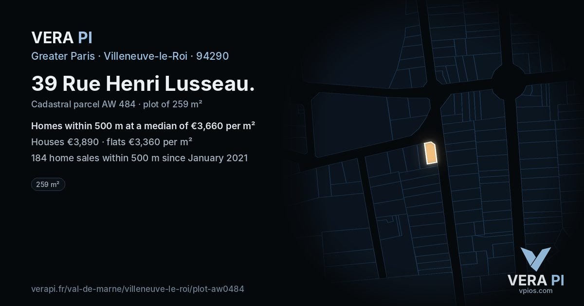 39 Rue Henri Lusseau, Villeneuve-le-Roi at night – the plot lit, the parcels around coloured by the prices near them