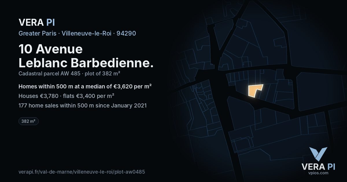 10 Avenue Leblanc Barbedienne, Villeneuve-le-Roi at night – the plot lit, the parcels around coloured by the prices near them