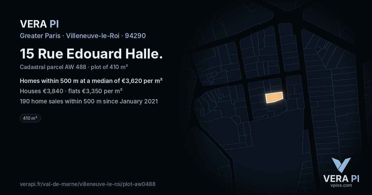 15 Rue Edouard Halle, Villeneuve-le-Roi at night – the plot lit, the parcels around coloured by the prices near them