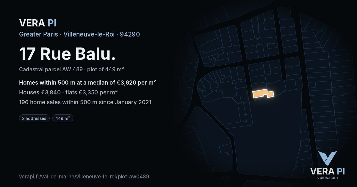 17 Rue Balu, Villeneuve-le-Roi at night – the plot lit, the parcels around coloured by the prices near them