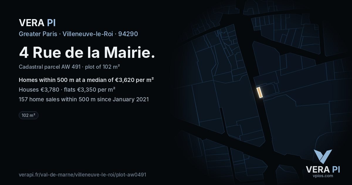 4 Rue de la Mairie, Villeneuve-le-Roi at night – the plot lit, the parcels around coloured by the prices near them