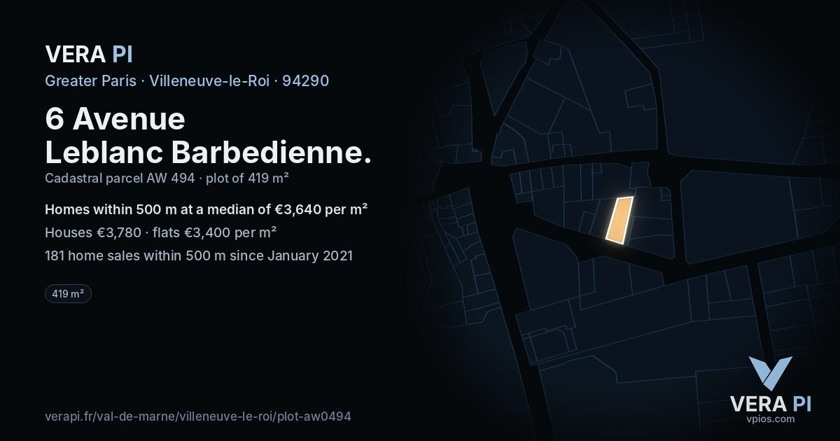 6 Avenue Leblanc Barbedienne, Villeneuve-le-Roi at night – the plot lit, the parcels around coloured by the prices near them