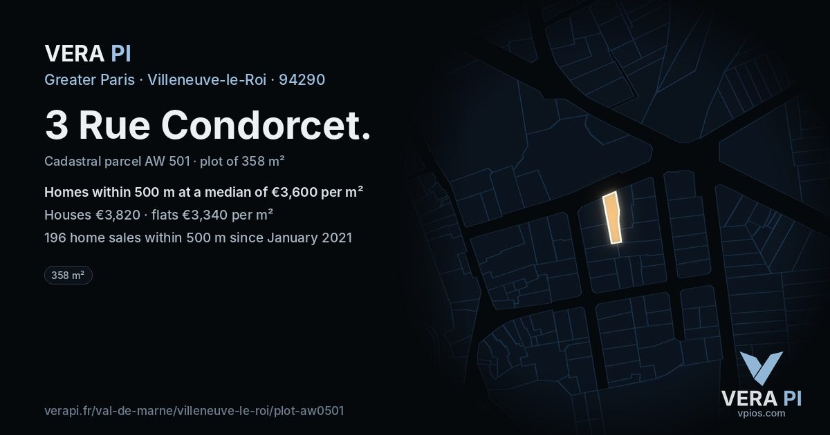 3 Rue Condorcet, Villeneuve-le-Roi at night – the plot lit, the parcels around coloured by the prices near them