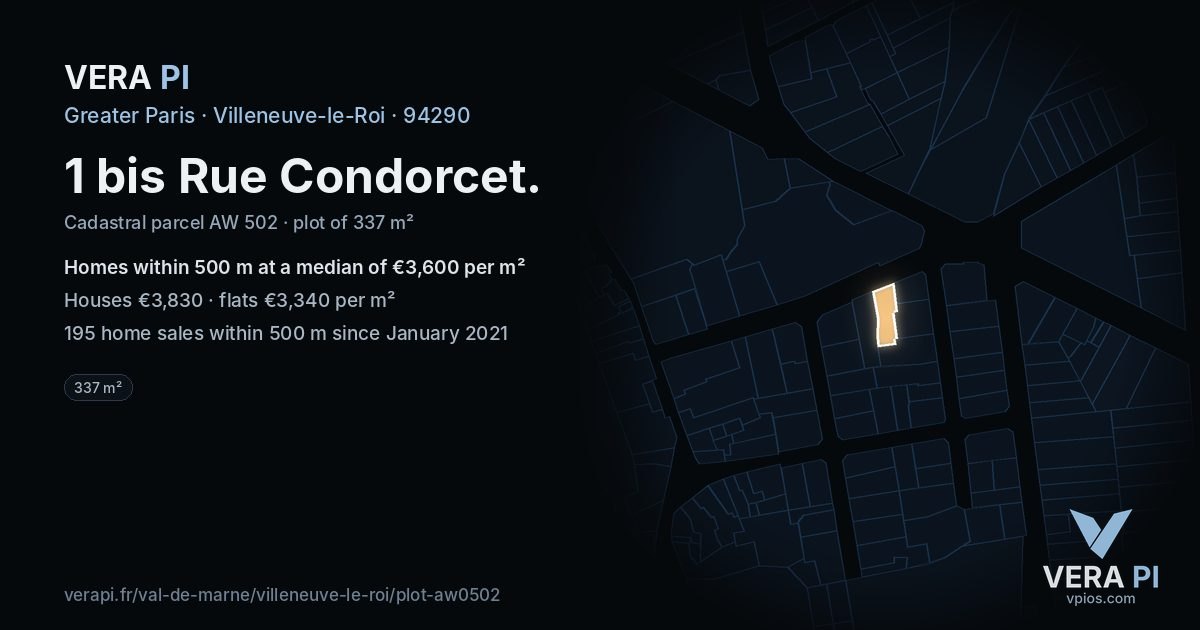 1 bis Rue Condorcet, Villeneuve-le-Roi at night – the plot lit, the parcels around coloured by the prices near them