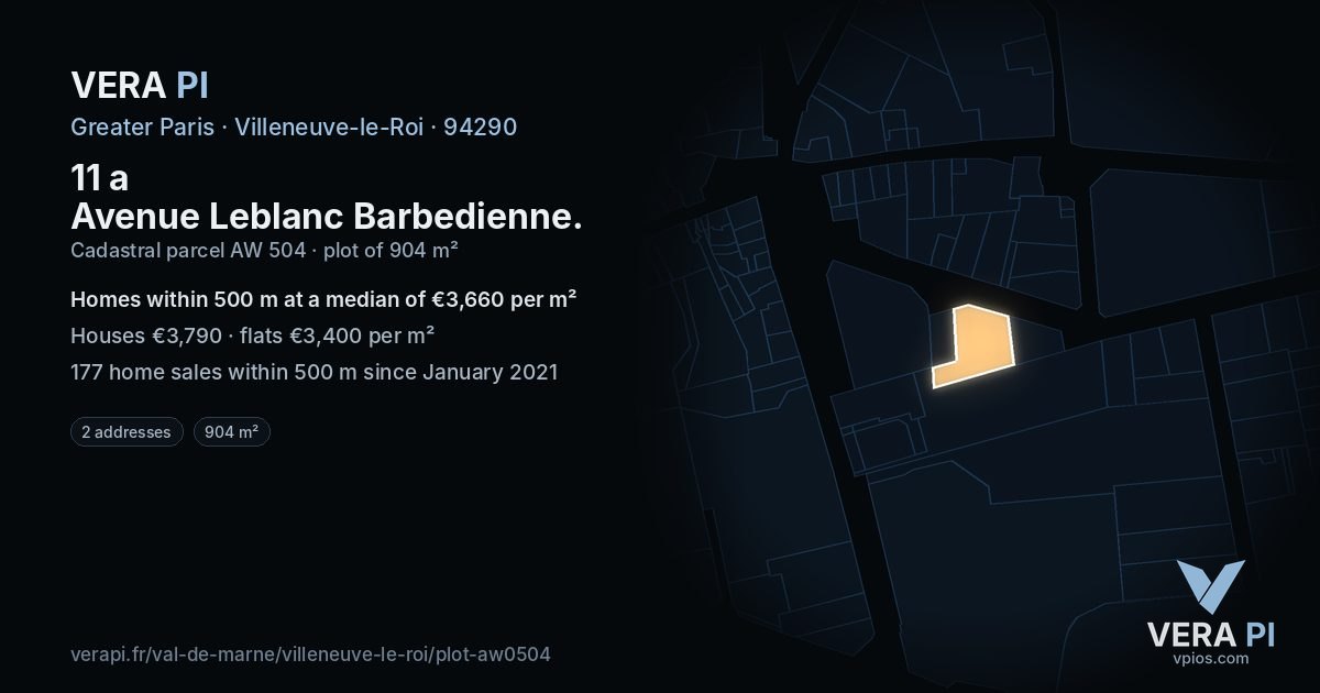 11 a Avenue Leblanc Barbedienne, Villeneuve-le-Roi at night – the plot lit, the parcels around coloured by the prices near them