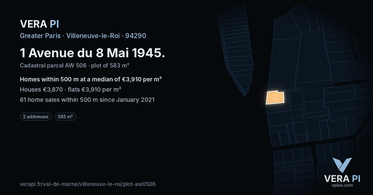 1 Avenue du 8 Mai 1945, Villeneuve-le-Roi at night – the plot lit, the parcels around coloured by the prices near them