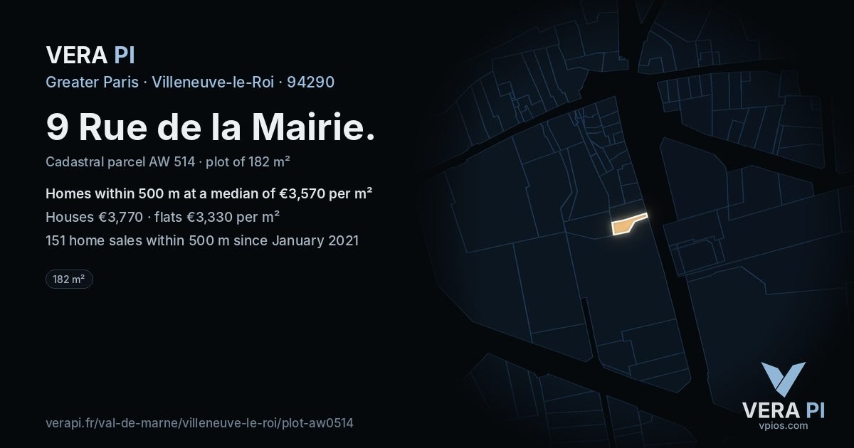 9 Rue de la Mairie, Villeneuve-le-Roi at night – the plot lit, the parcels around coloured by the prices near them