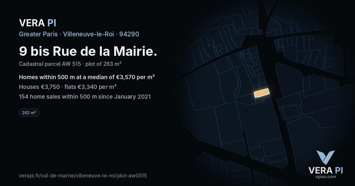 9 bis Rue de la Mairie, Villeneuve-le-Roi at night – the plot lit, the parcels around coloured by the prices near them