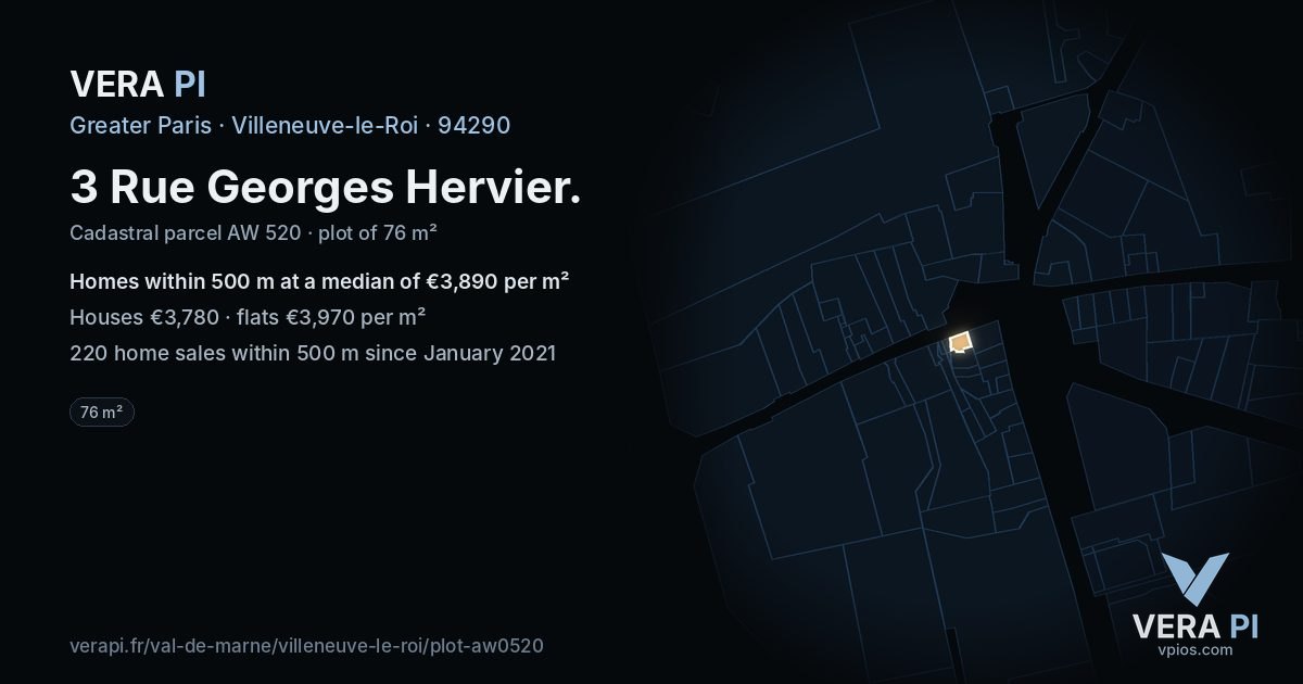 3 Rue Georges Hervier, Villeneuve-le-Roi at night – the plot lit, the parcels around coloured by the prices near them
