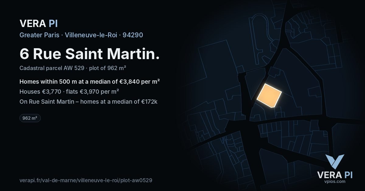 6 Rue Saint Martin, Villeneuve-le-Roi at night – the plot lit, the parcels around coloured by the prices near them