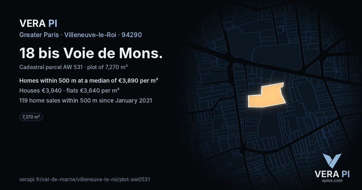 18 bis Voie de Mons, Villeneuve-le-Roi at night – the plot lit, the parcels around coloured by the prices near them