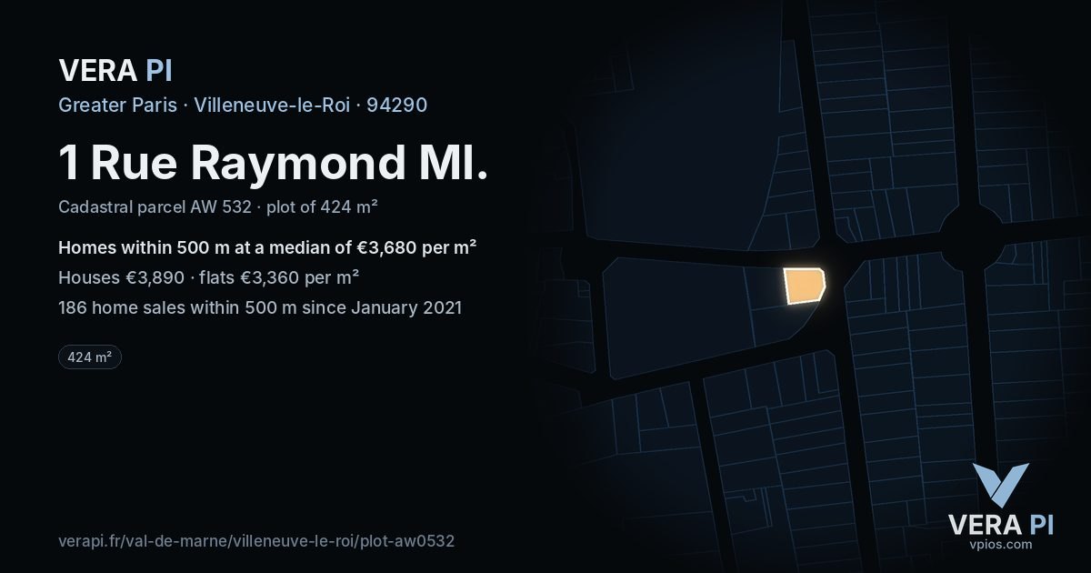 1 Rue Raymond Ml, Villeneuve-le-Roi at night – the plot lit, the parcels around coloured by the prices near them