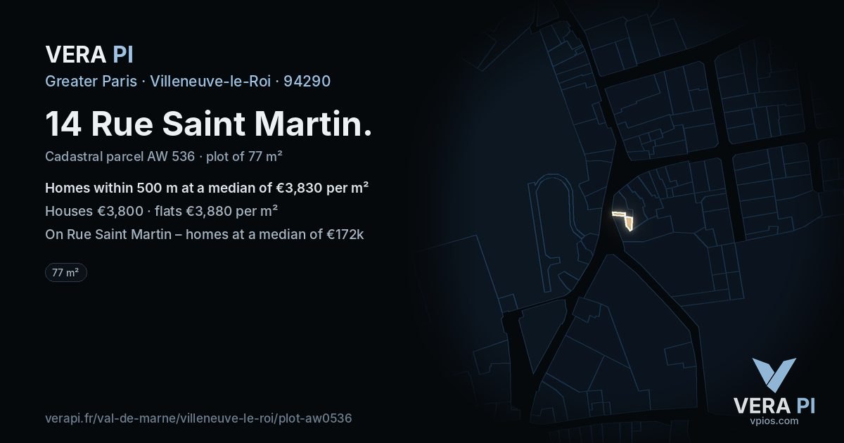 14 Rue Saint Martin, Villeneuve-le-Roi at night – the plot lit, the parcels around coloured by the prices near them