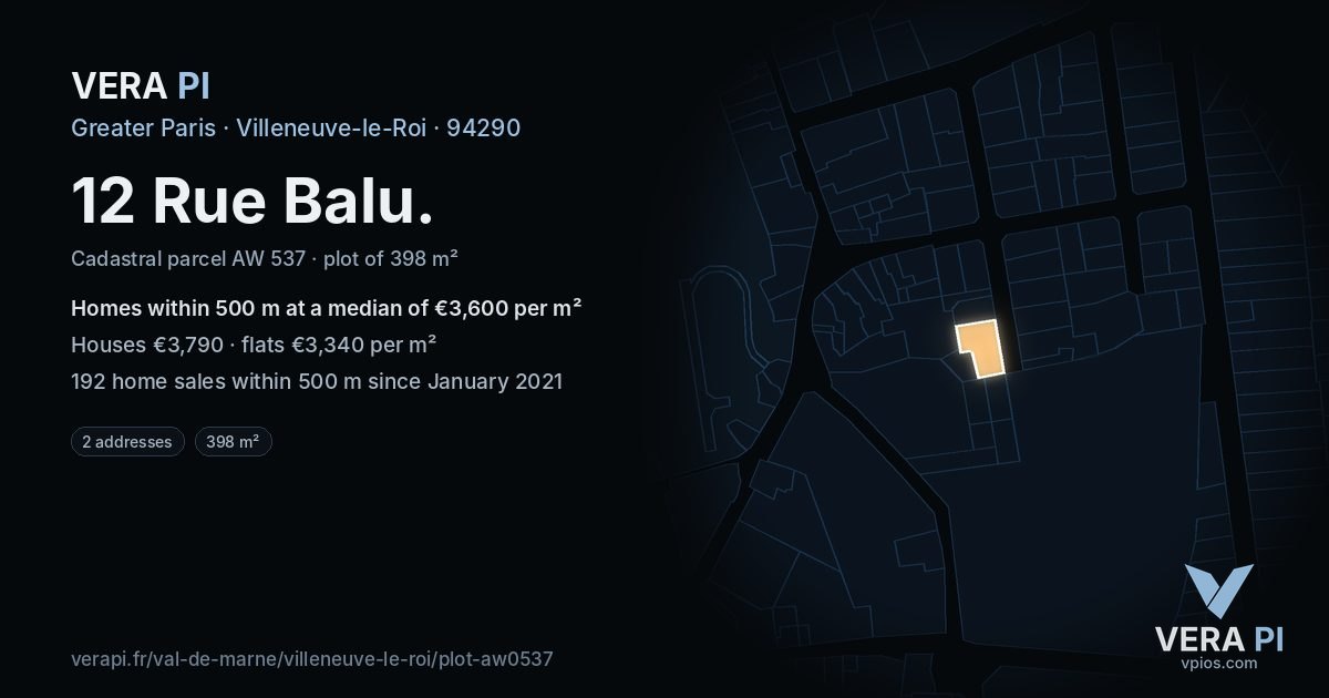 12 Rue Balu, Villeneuve-le-Roi at night – the plot lit, the parcels around coloured by the prices near them