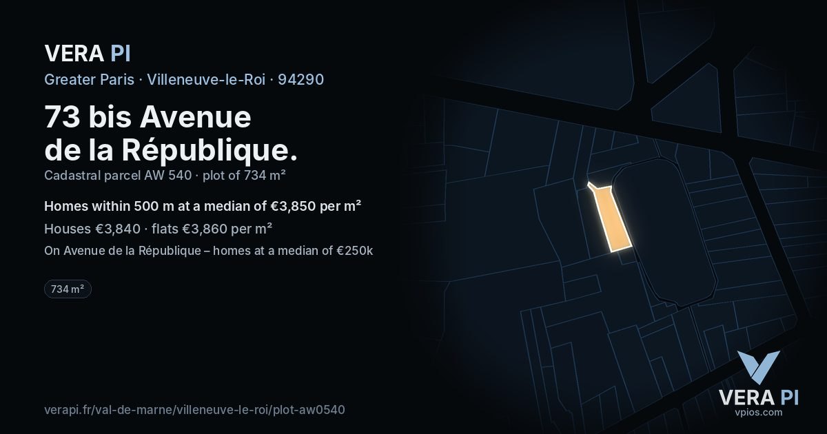 73 bis Avenue de la République, Villeneuve-le-Roi at night – the plot lit, the parcels around coloured by the prices near them