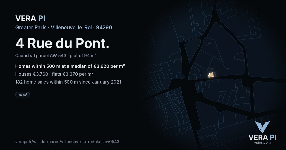 4 Rue du Pont, Villeneuve-le-Roi at night – the plot lit, the parcels around coloured by the prices near them