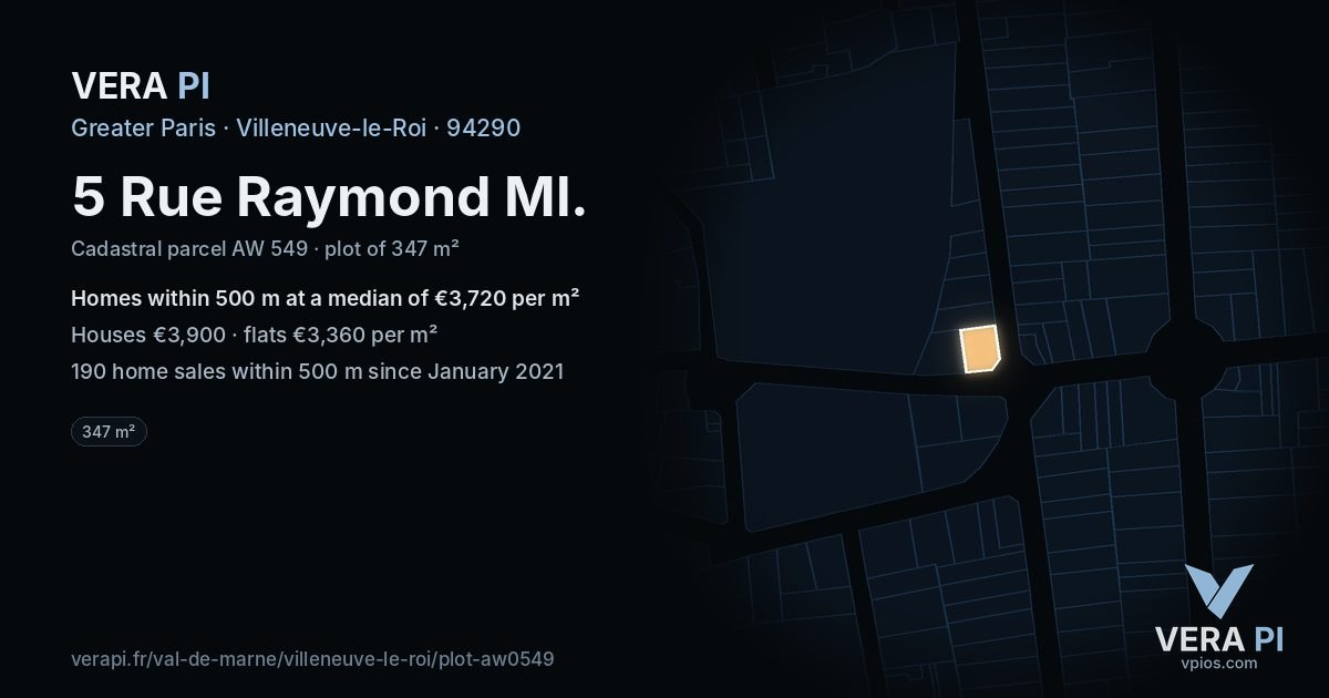 5 Rue Raymond Ml, Villeneuve-le-Roi at night – the plot lit, the parcels around coloured by the prices near them