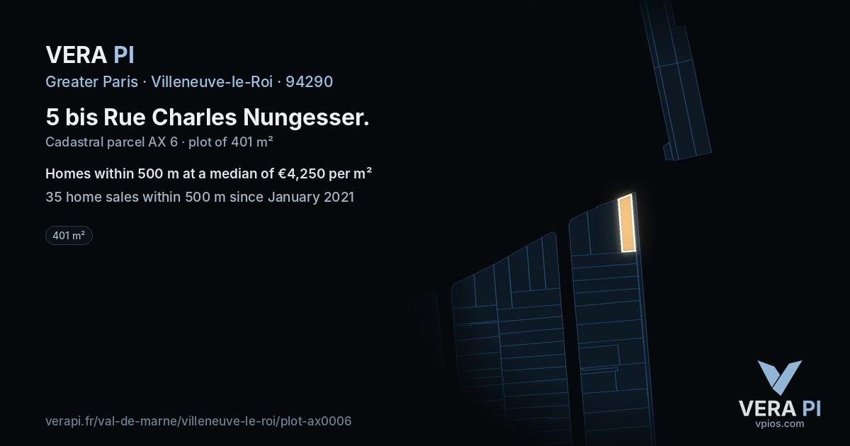 5 bis Rue Charles Nungesser, Villeneuve-le-Roi at night – the plot lit, the parcels around coloured by the prices near them