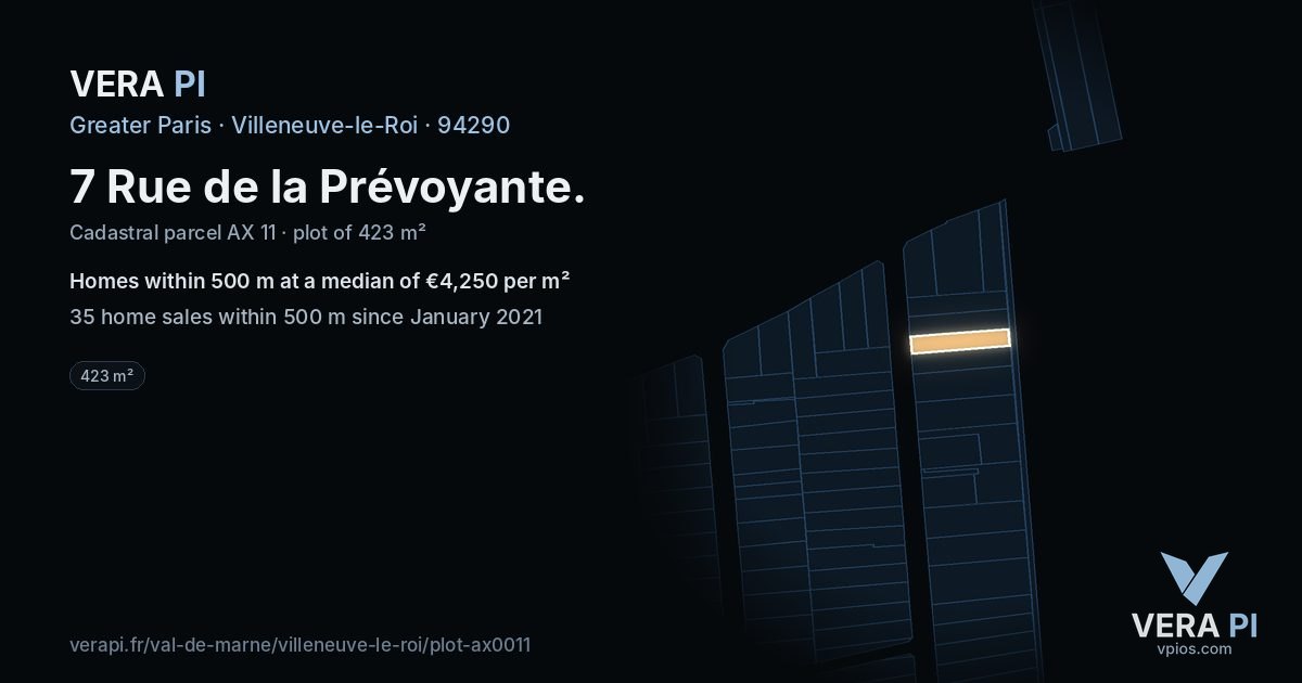 7 Rue de la Prévoyante, Villeneuve-le-Roi at night – the plot lit, the parcels around coloured by the prices near them
