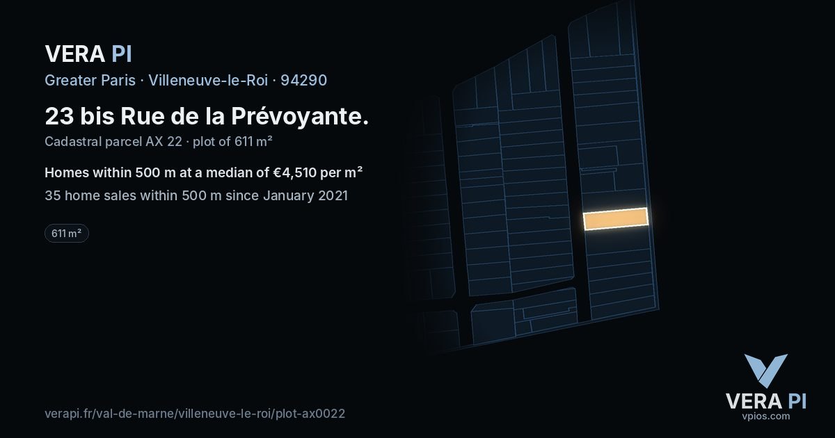 23 bis Rue de la Prévoyante, Villeneuve-le-Roi at night – the plot lit, the parcels around coloured by the prices near them