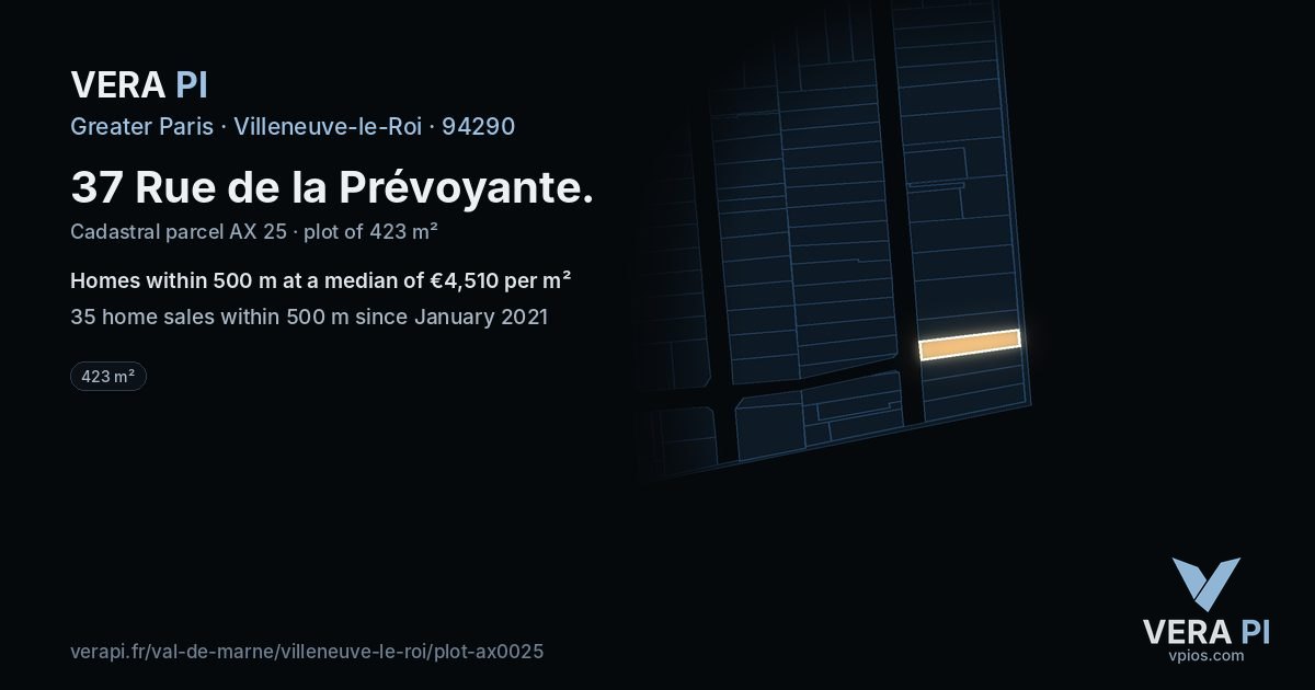 37 Rue de la Prévoyante, Villeneuve-le-Roi at night – the plot lit, the parcels around coloured by the prices near them