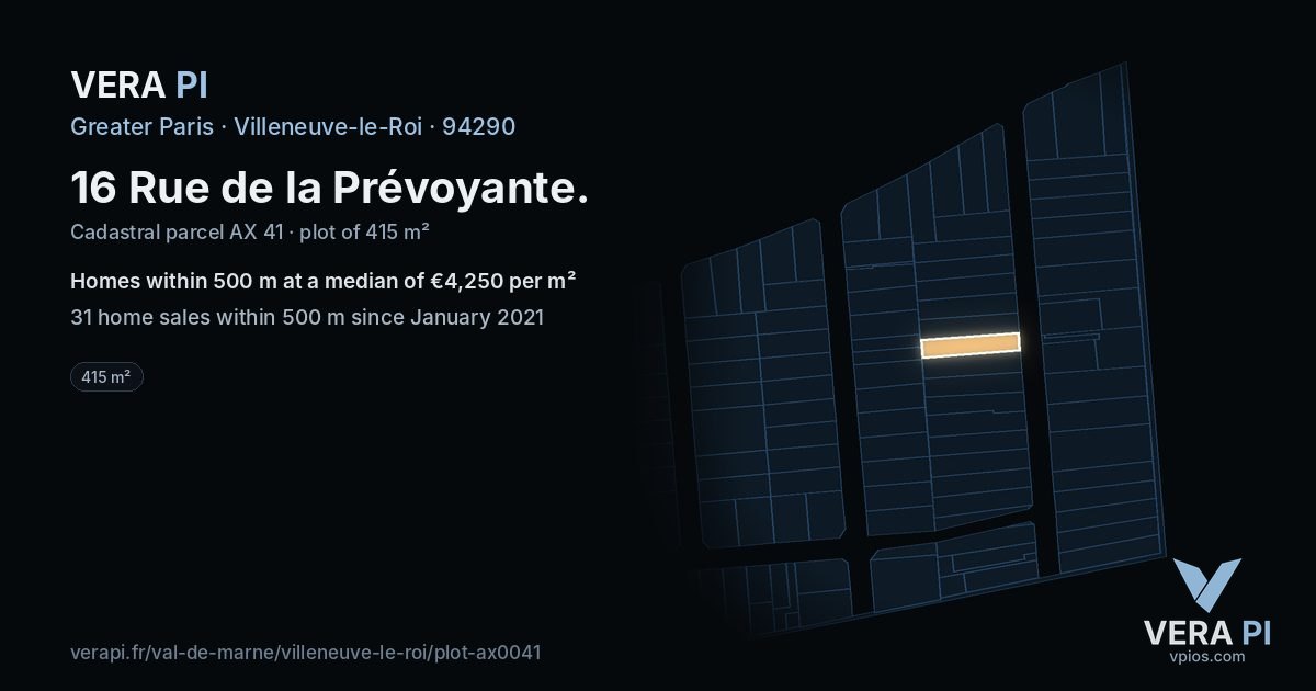 16 Rue de la Prévoyante, Villeneuve-le-Roi at night – the plot lit, the parcels around coloured by the prices near them