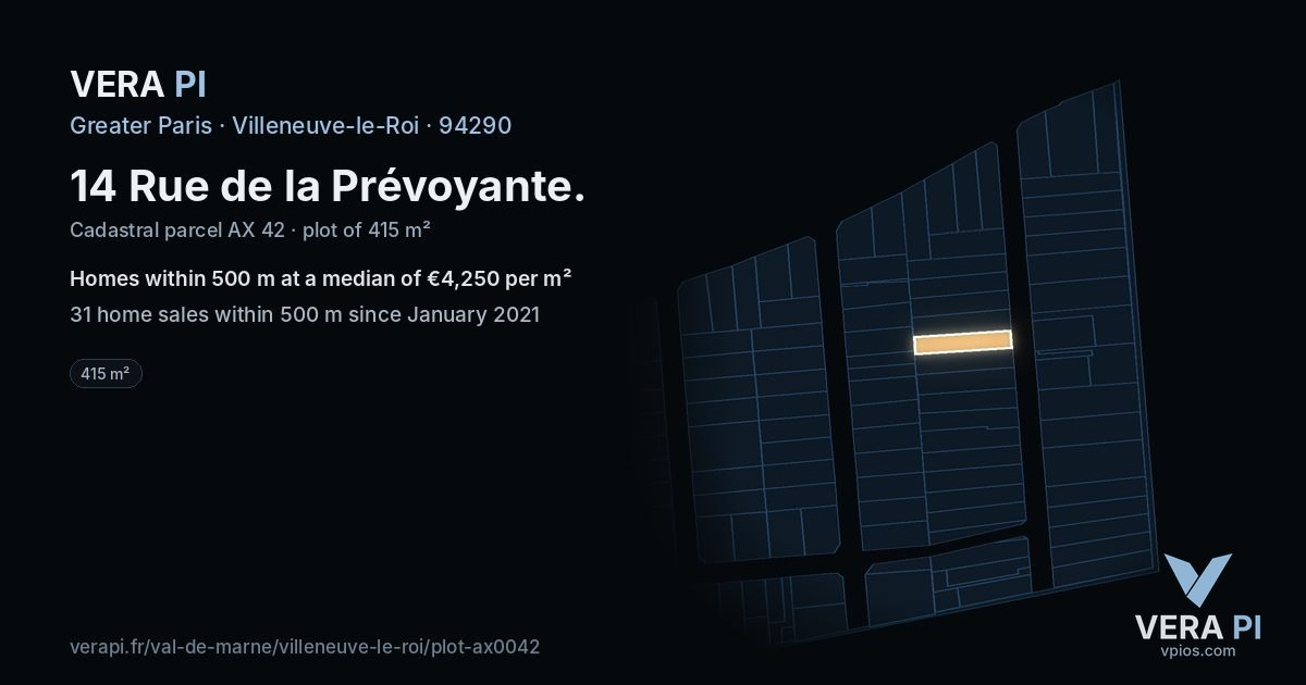 14 Rue de la Prévoyante, Villeneuve-le-Roi at night – the plot lit, the parcels around coloured by the prices near them