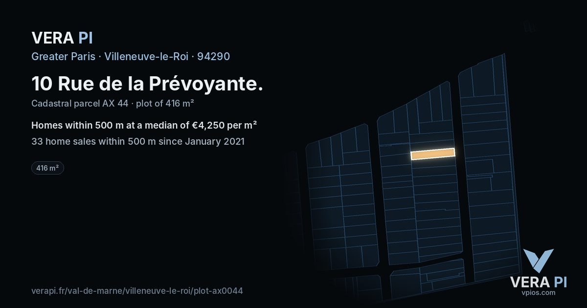 10 Rue de la Prévoyante, Villeneuve-le-Roi at night – the plot lit, the parcels around coloured by the prices near them