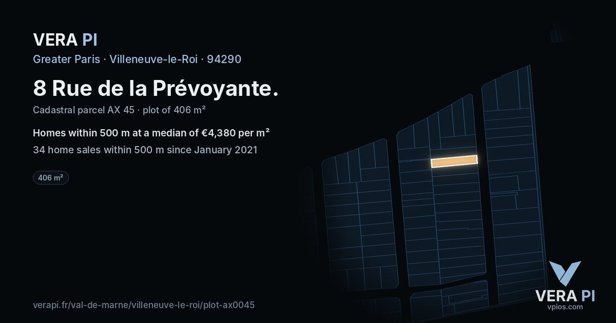 8 Rue de la Prévoyante, Villeneuve-le-Roi at night – the plot lit, the parcels around coloured by the prices near them