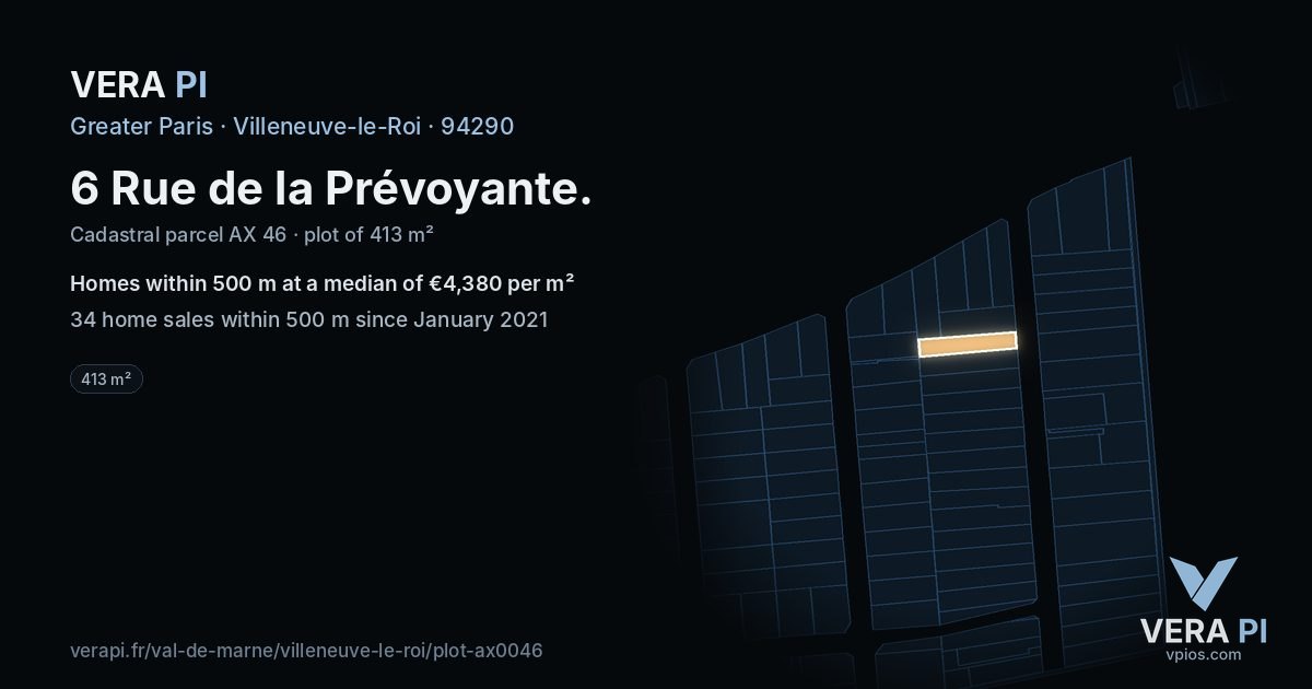 6 Rue de la Prévoyante, Villeneuve-le-Roi at night – the plot lit, the parcels around coloured by the prices near them