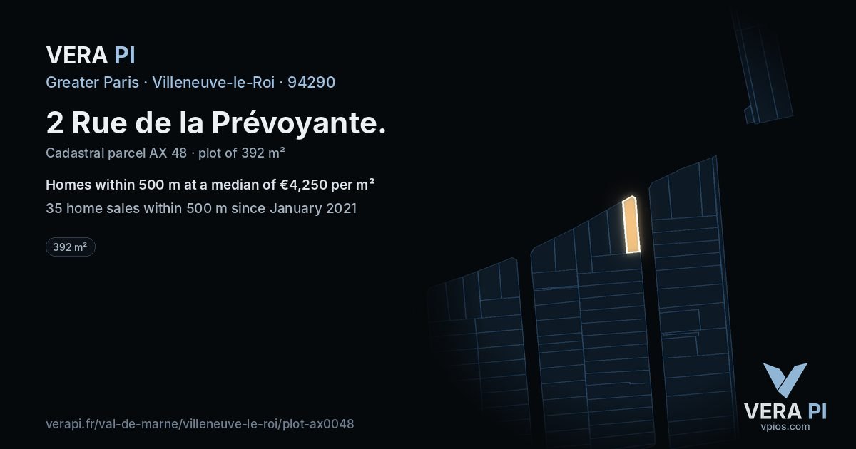 2 Rue de la Prévoyante, Villeneuve-le-Roi at night – the plot lit, the parcels around coloured by the prices near them