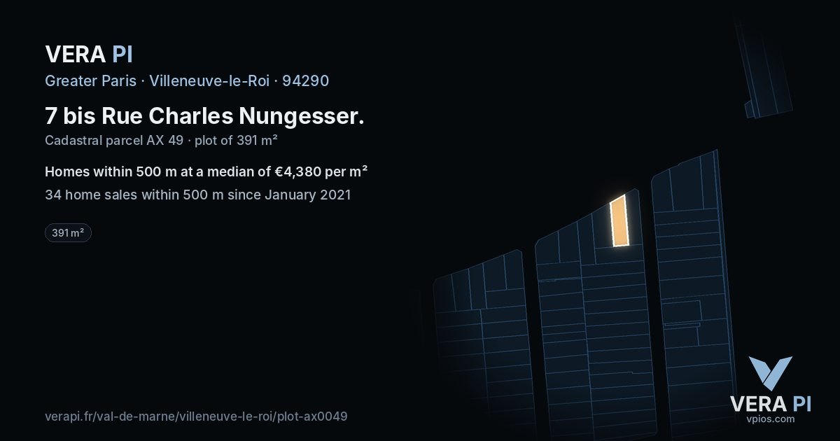 7 bis Rue Charles Nungesser, Villeneuve-le-Roi at night – the plot lit, the parcels around coloured by the prices near them