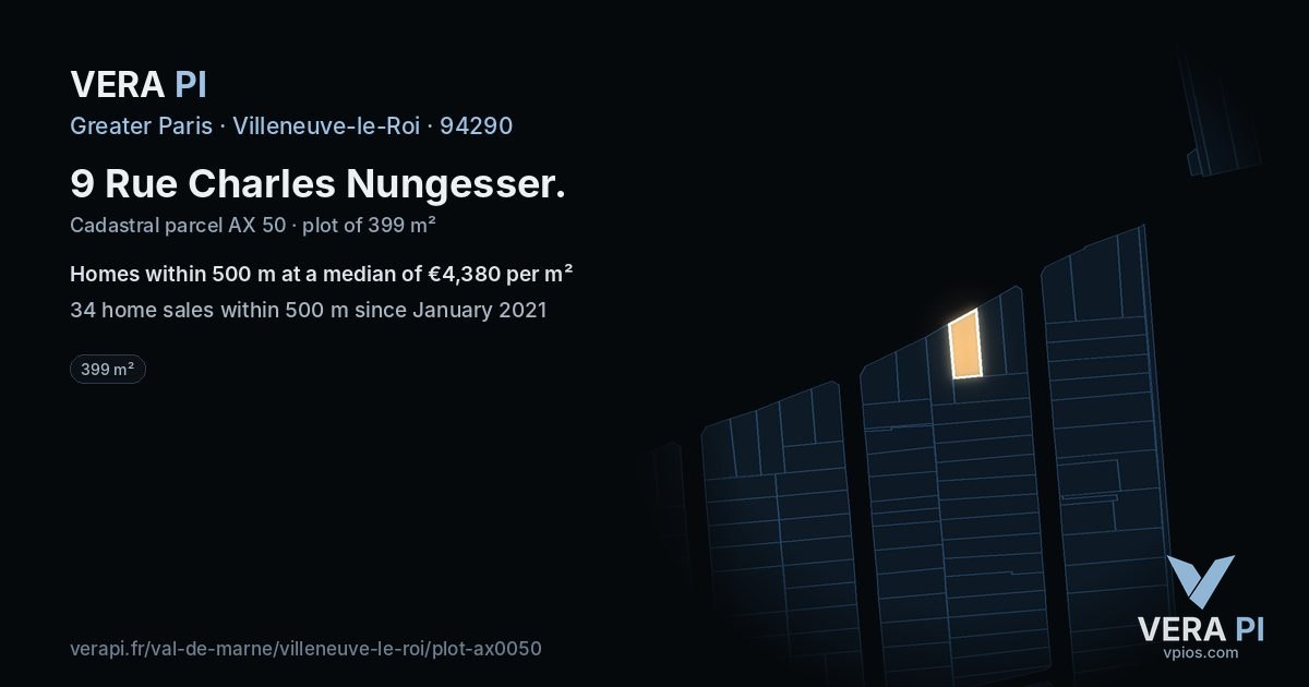 9 Rue Charles Nungesser, Villeneuve-le-Roi at night – the plot lit, the parcels around coloured by the prices near them