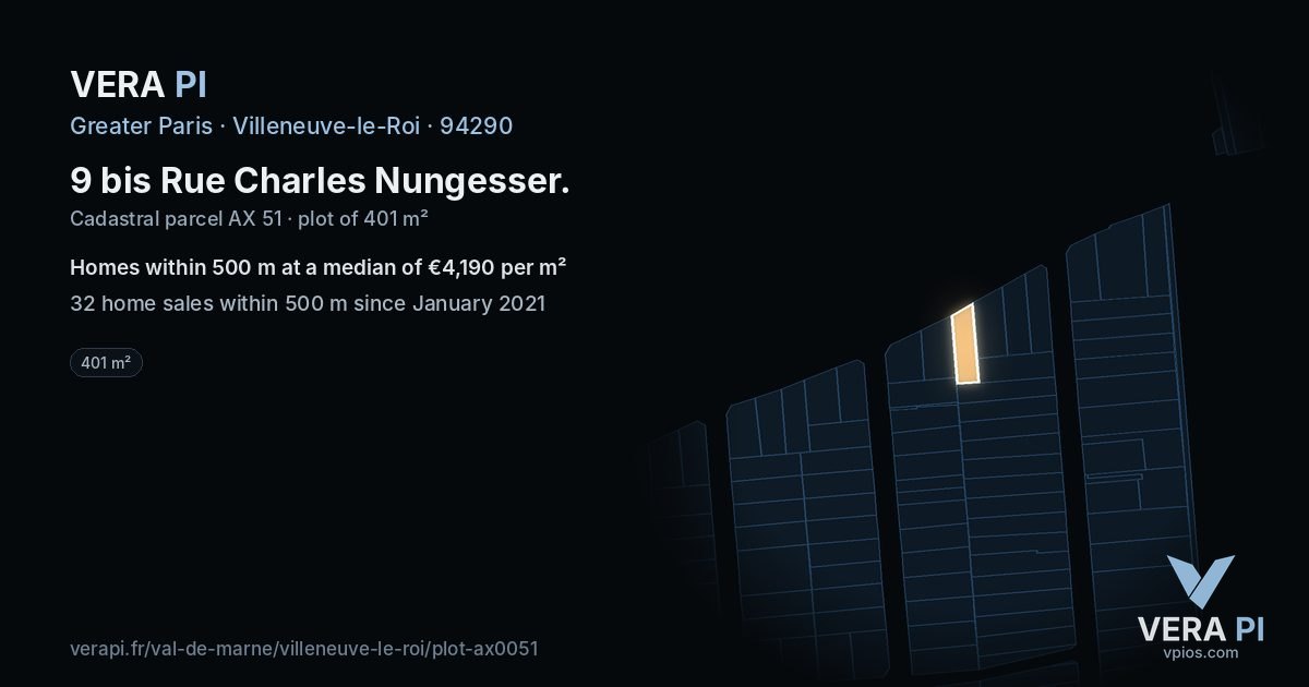9 bis Rue Charles Nungesser, Villeneuve-le-Roi at night – the plot lit, the parcels around coloured by the prices near them
